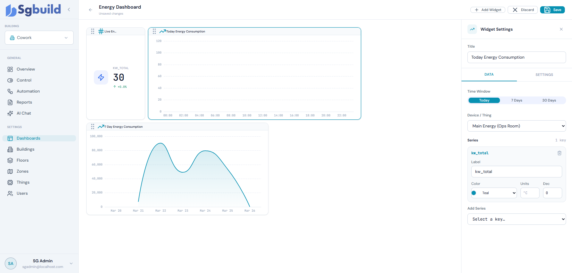 ClaroArc Energy Dashboard showing real-time energy consumption charts