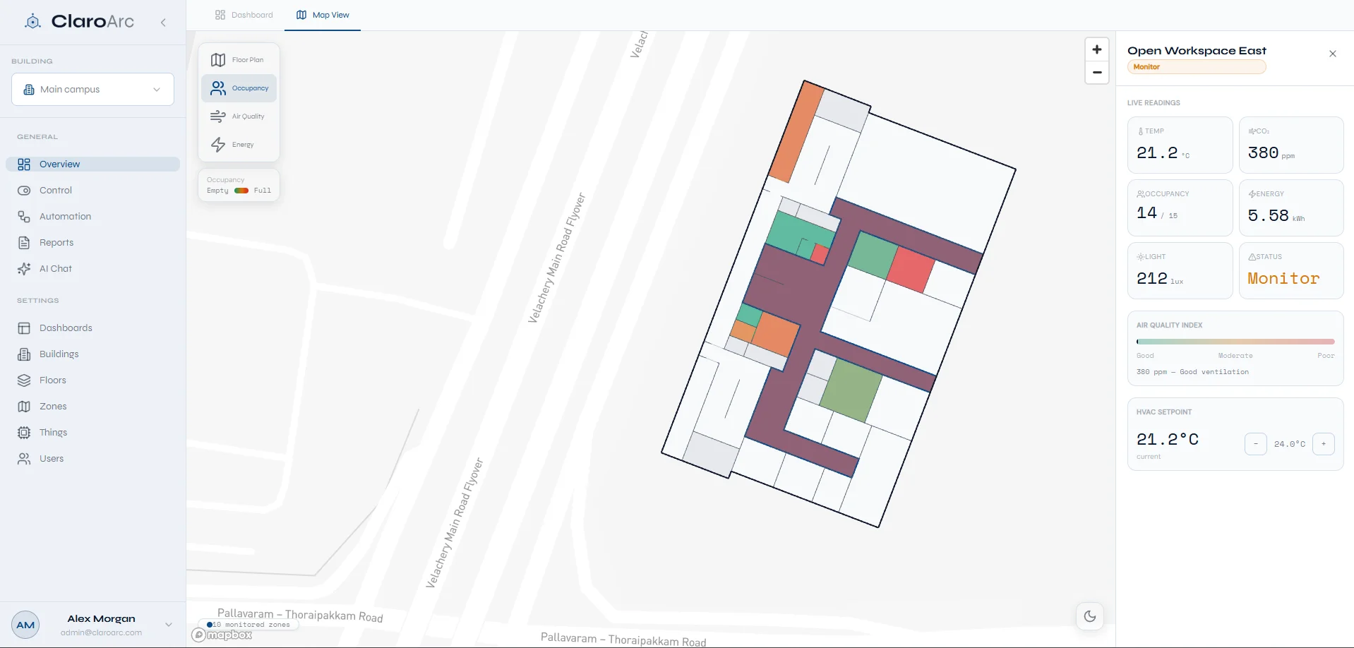 ClaroArc Map View — floor-plan overlay with live zone sensor readings