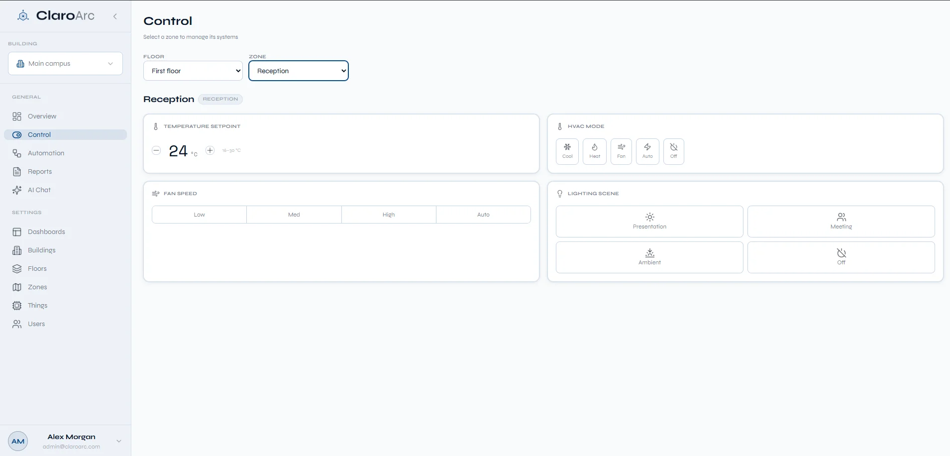 Optimize — control HVAC setpoints, fan speed and lighting scenes per zone