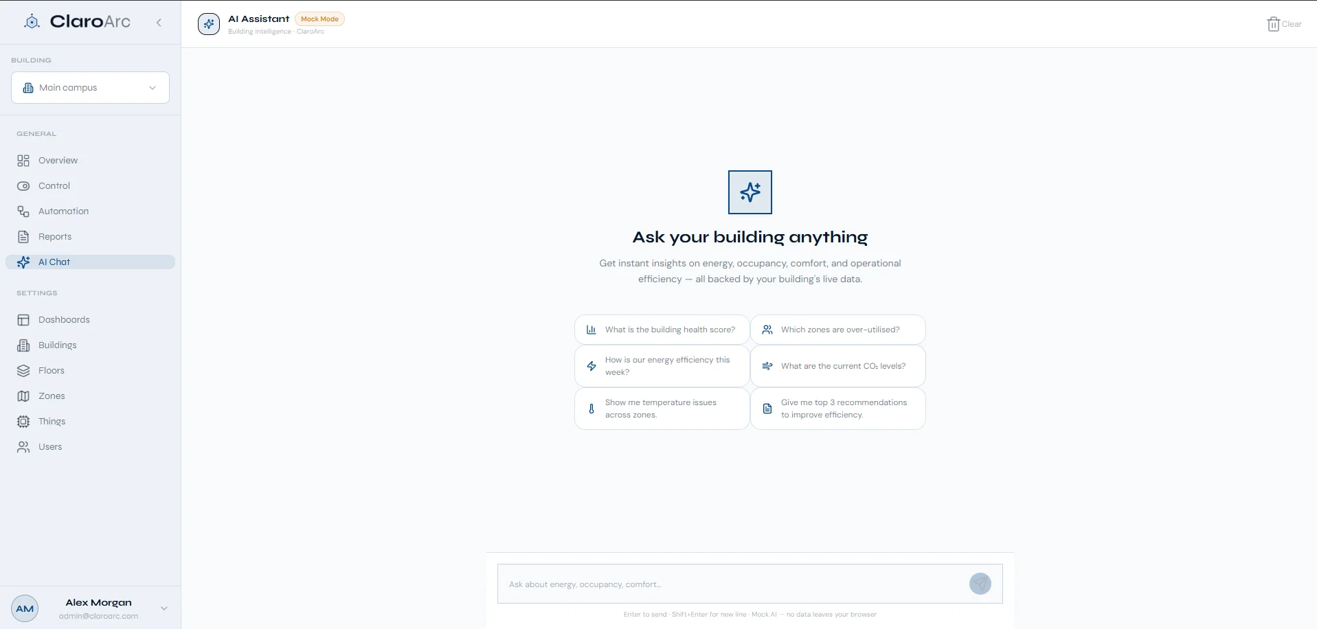 ClaroArc AI Chat — ask your building anything about energy, occupancy and comfort